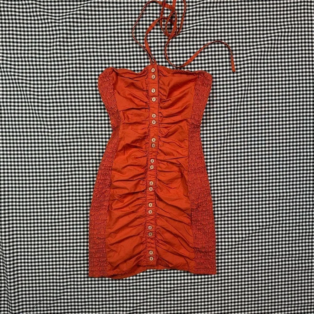 Free People Hold On Ruched Orange Mini Halter Dress Size X-Small